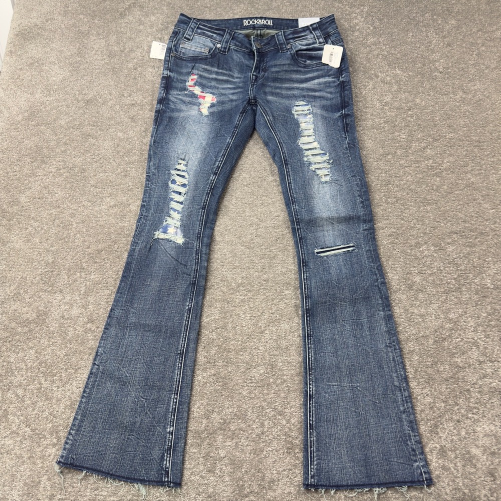 Rock and Roll USA Denim Rival Jeans Womens 27x32 Bootcut Low Rise Distressed